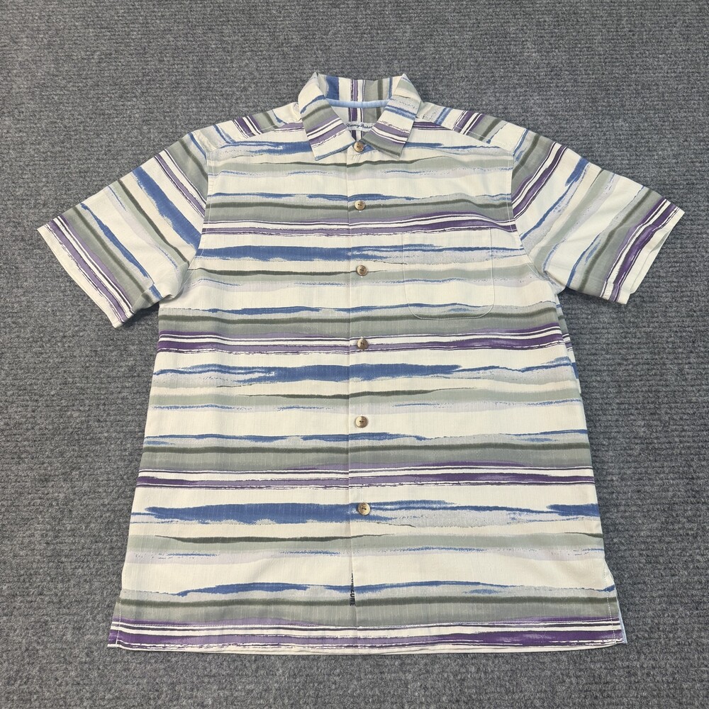 Tommy Bahama Shirt Mens Small Blue Green Purple Stripe Silk IslandZone Button Up